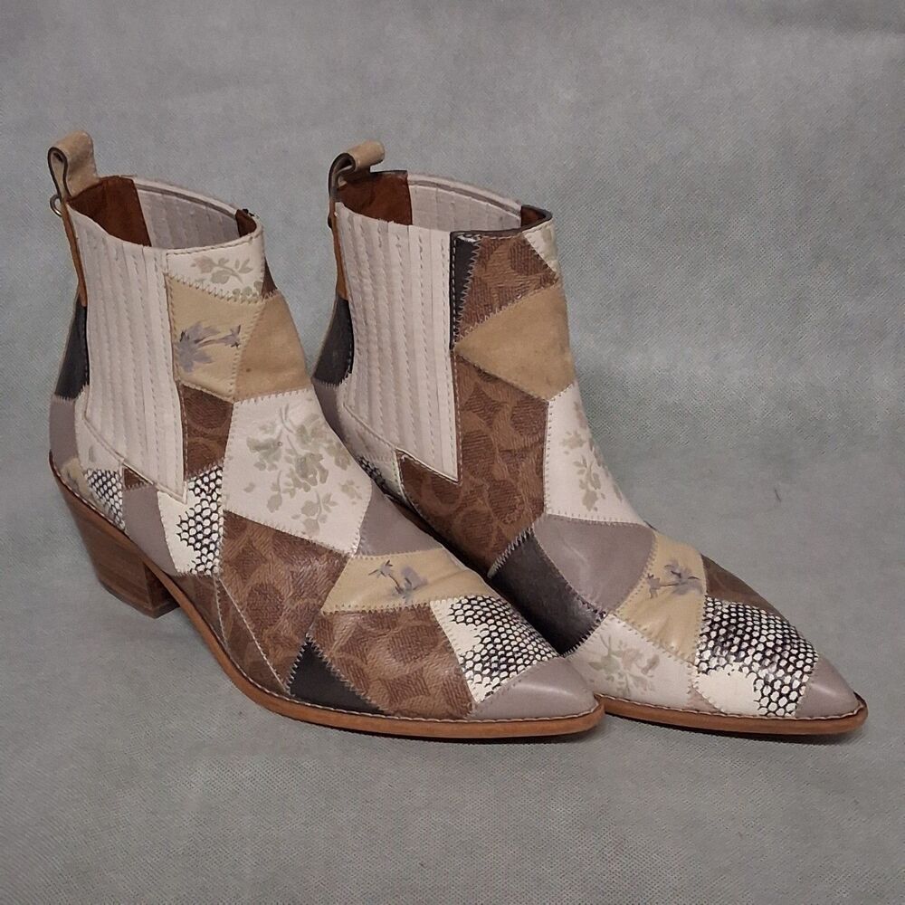 COACH Melody Ankle Boots Women's 9.5 B Beige Brown Patchwork - Picture 2 of 12